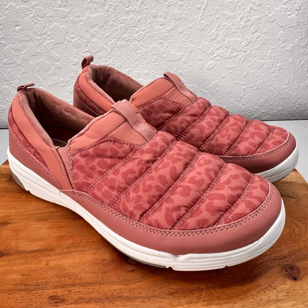 Ryka Adel Women 11W Pink Leopard Quilted Puffer Slip‎ On Mules Faux Fur Lined